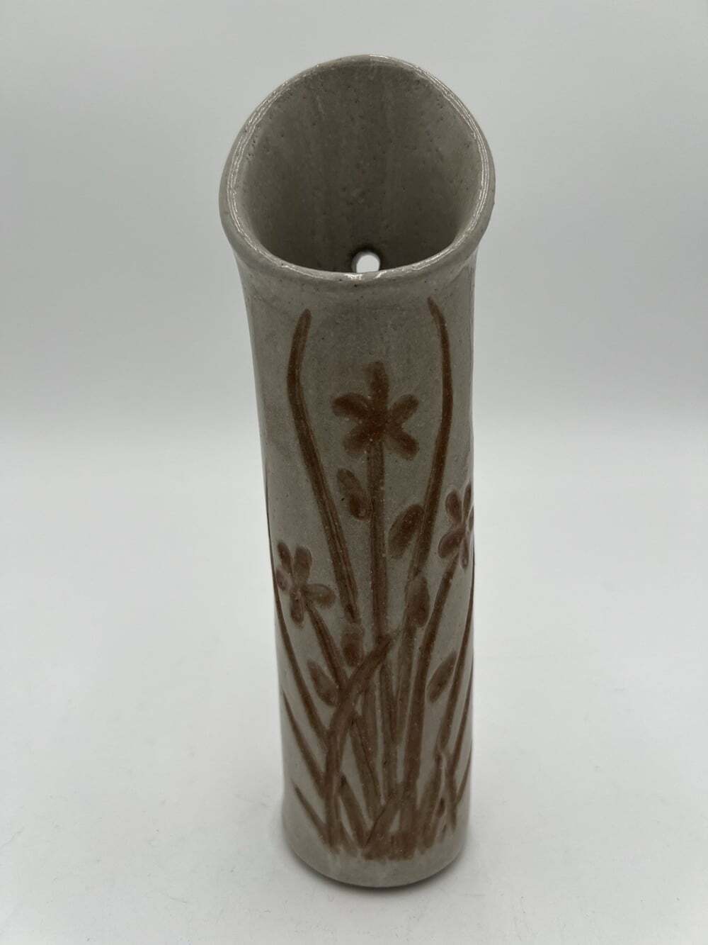 Signed Studio Pottery Wall Pocket Vase Floral Stoneware Handmade 8.5”